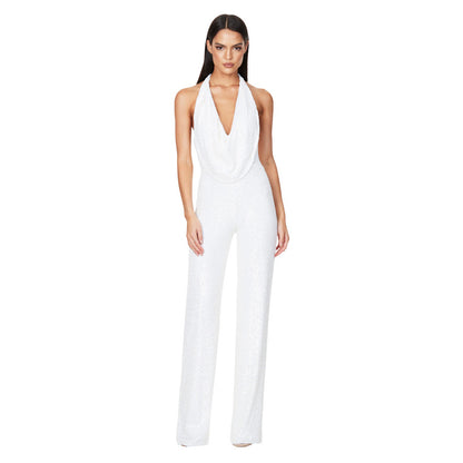 Women's Sexy Backless Halter Neck Sequin Jumpsuit