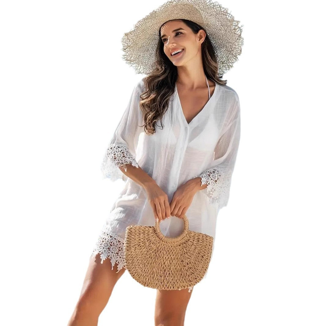 Women's Sexy Cut Out Lace Sun Protection Shirt Dress