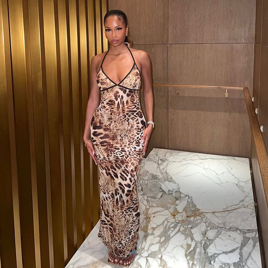 Women's Sexy Leopard Print Halter Neck Backless Long Dress.