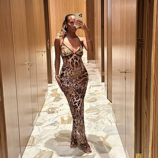 Women's Sexy Leopard Print Halter Neck Backless Long Dress.