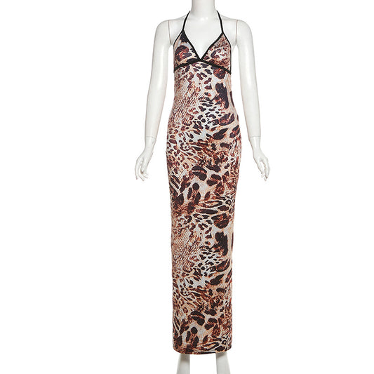 Women's Sexy Leopard Print Halter Neck Backless Long Dress.
