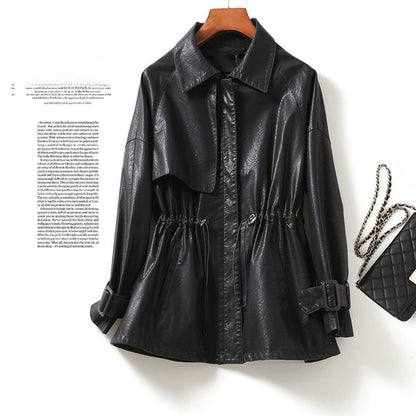 Women's Sheepskin Leather Jacket with Lace-up Waist