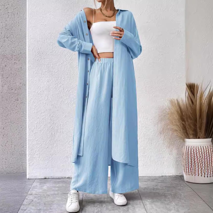 Women's Shirt Style Two-Piece Wide-Leg Pants