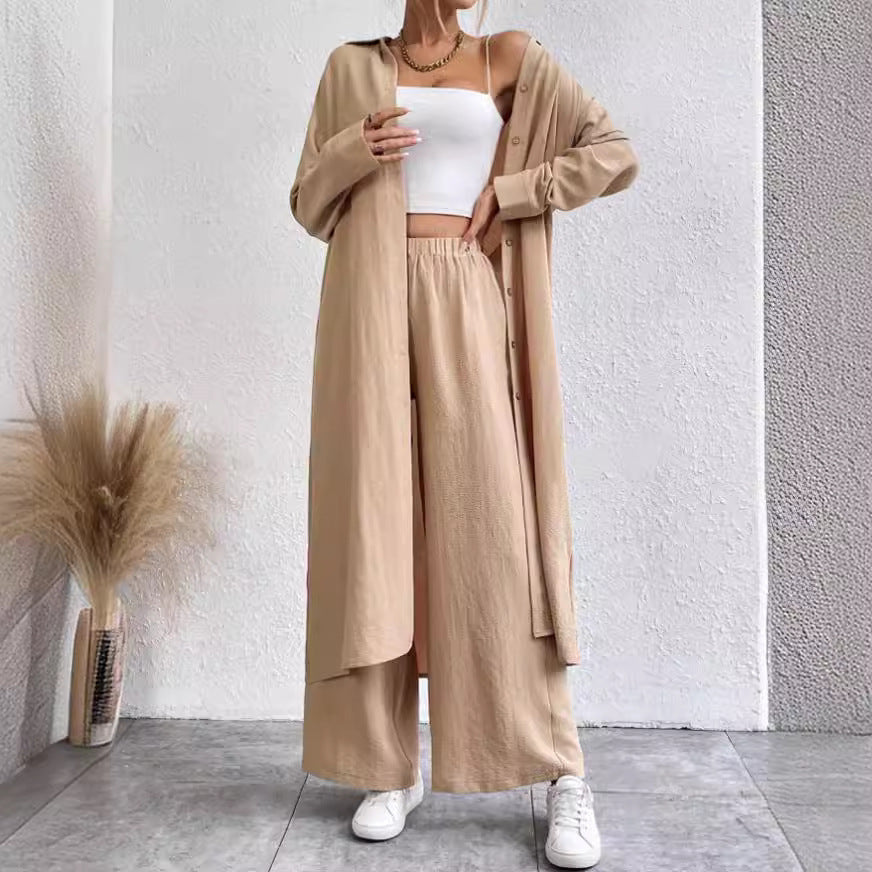 Women's Shirt Style Two-Piece Wide-Leg Pants