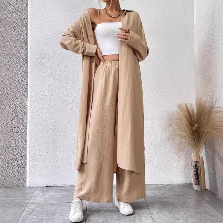 Women's Shirt Style Two-Piece Wide-Leg Pants