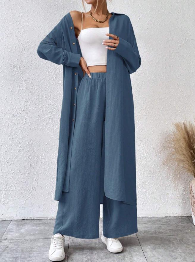 Women's Shirt Style Two-Piece Wide-Leg Pants