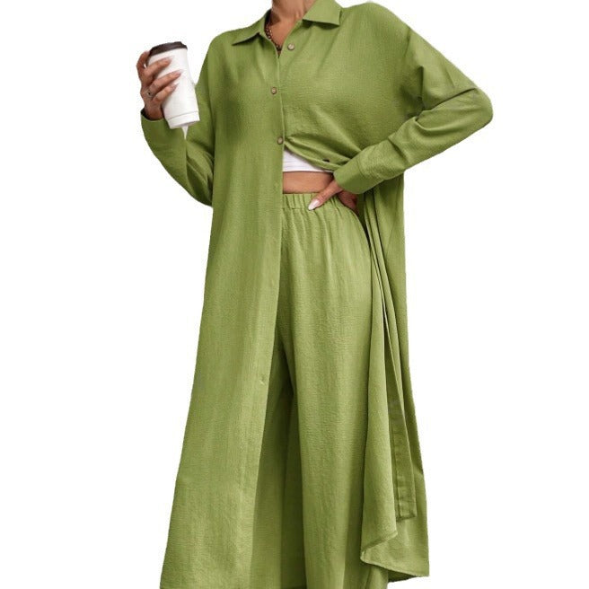Women's Shirt Style Two-Piece Wide-Leg Pants