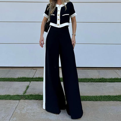 Women's Short-Sleeve Top and Straight Pants Suit