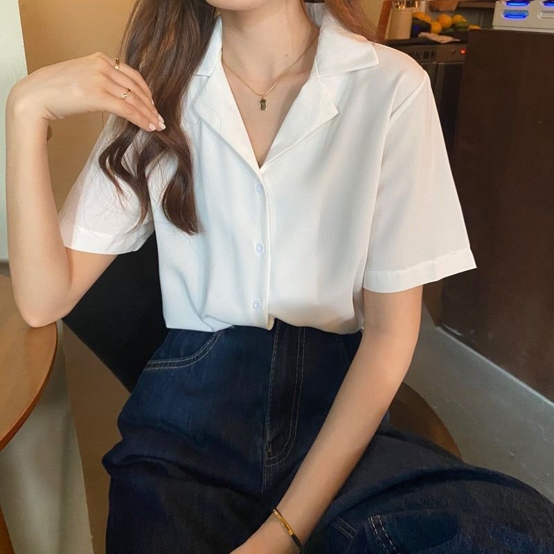 Women's Short-Sleeve V-Neck Loose Fit Casual Shirt