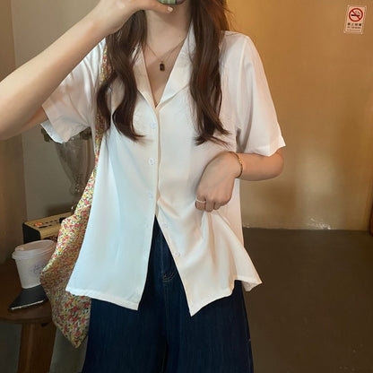 Women's Short-Sleeve V-Neck Loose Fit Casual Shirt