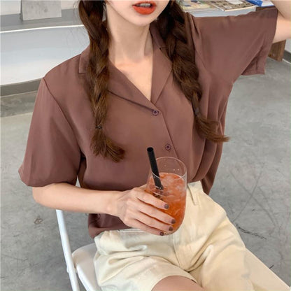 Women's Short-Sleeve V-Neck Loose Fit Casual Shirt