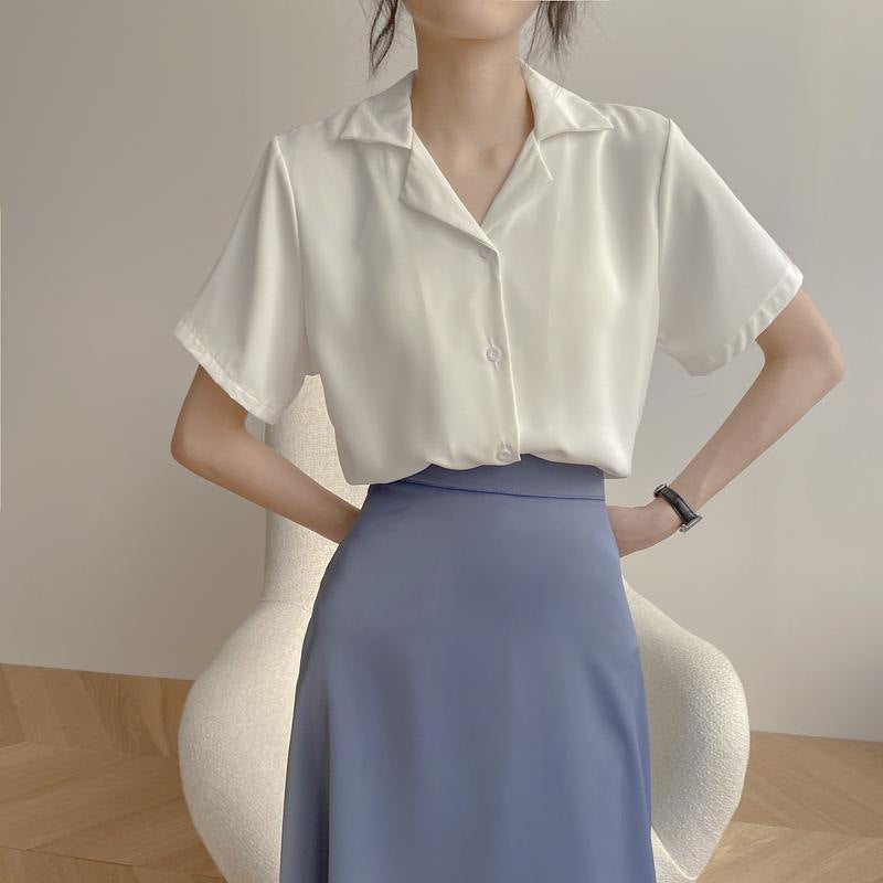 Women's Short-Sleeve V-Neck Loose Fit Casual Shirt