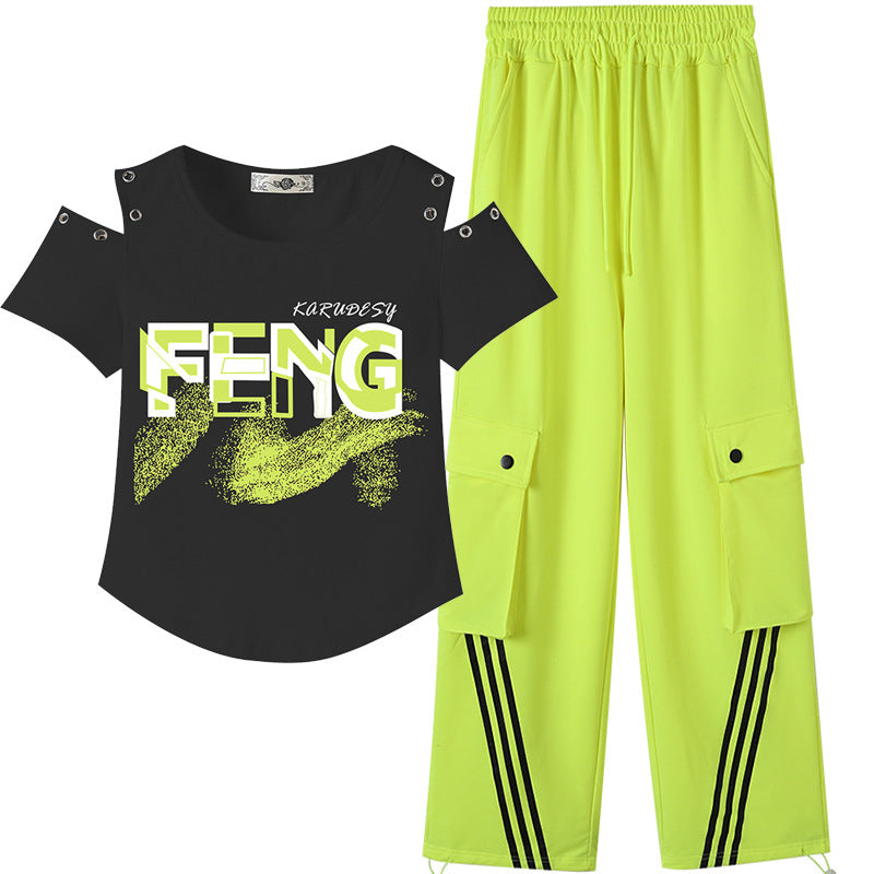 Women's Shoulder T-Shirt and Cargo Pants Sport Set