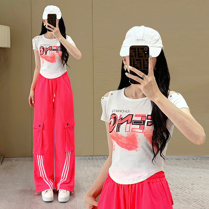 Women's Shoulder T-Shirt and Cargo Pants Sport Set