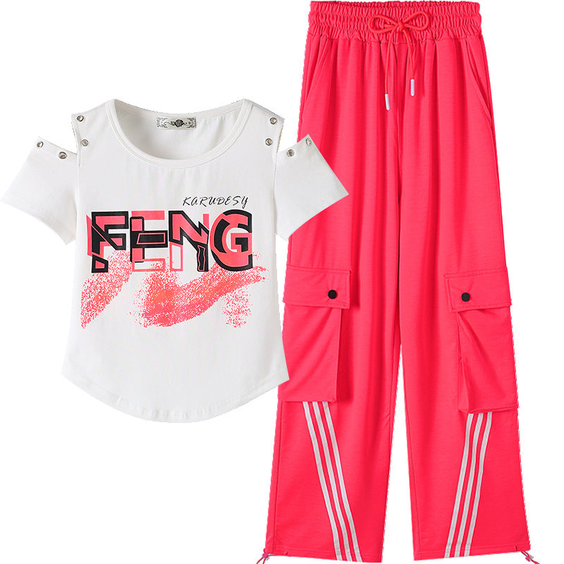 Women's Shoulder T-Shirt and Cargo Pants Sport Set