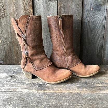 Women's Side Zipper Leather Martin Boots with Medium Heel