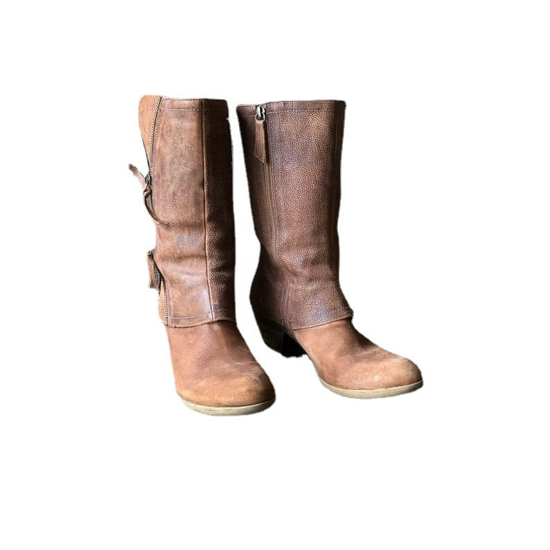 Women's Side Zipper Leather Martin Boots with Medium Heel