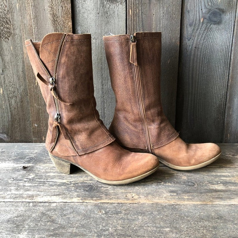 Women's Side Zipper Leather Martin Boots with Medium Heel