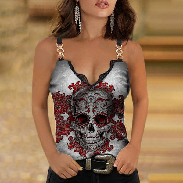 Women's Skull Print Lace T-shirt