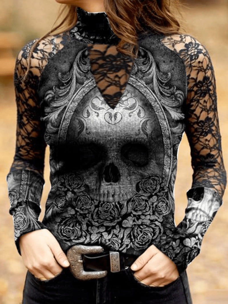 Women's Skull Print Lace T-shirt