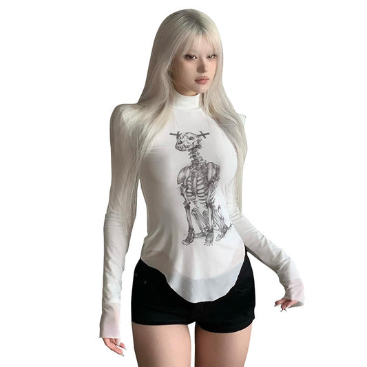 Women's Skull Print Mesh Splicing Slim Fit Top