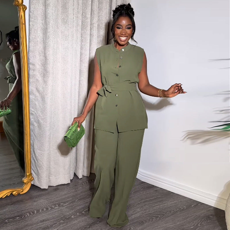 Women's Sleeveless Buttoned Top and Wide-Leg Trousers Set