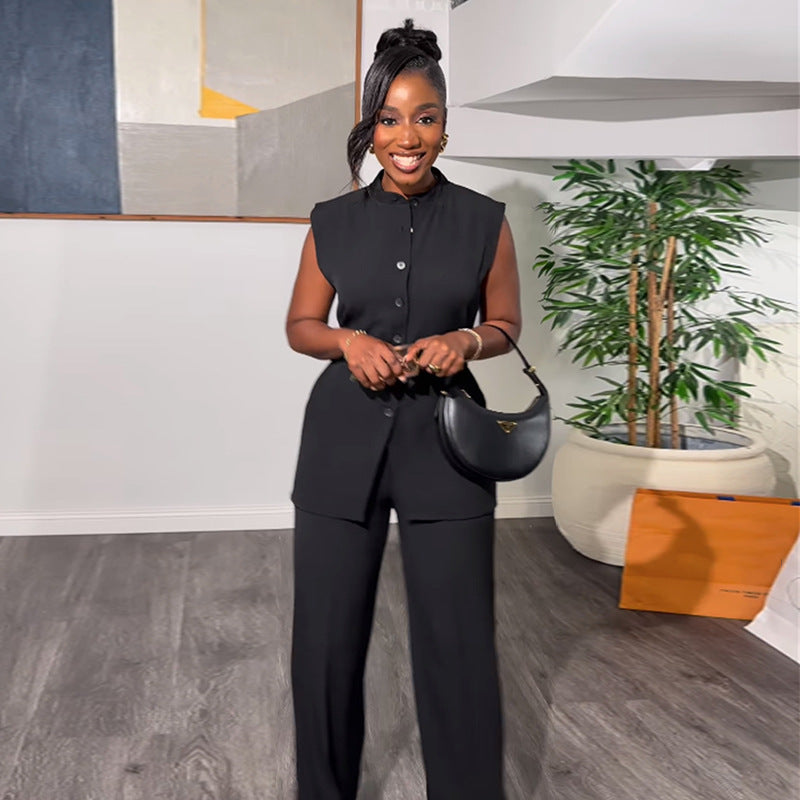 Women's Sleeveless Buttoned Top and Wide-Leg Trousers Set