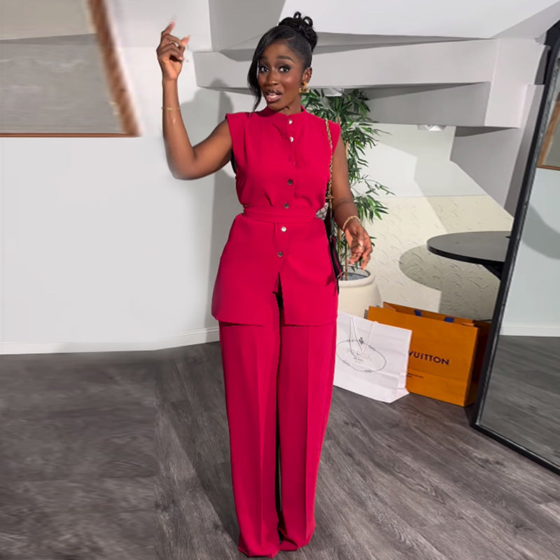 Women's Sleeveless Buttoned Top and Wide-Leg Trousers Set