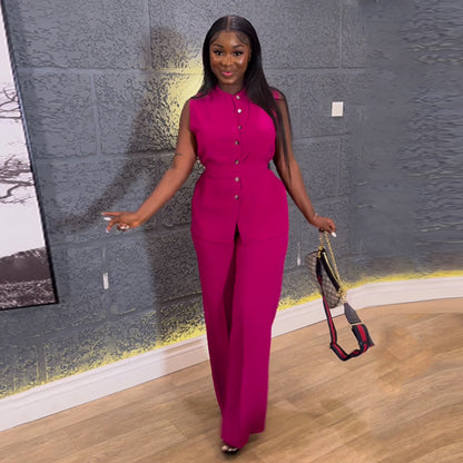 Women's Sleeveless Buttoned Top and Wide-Leg Trousers Set