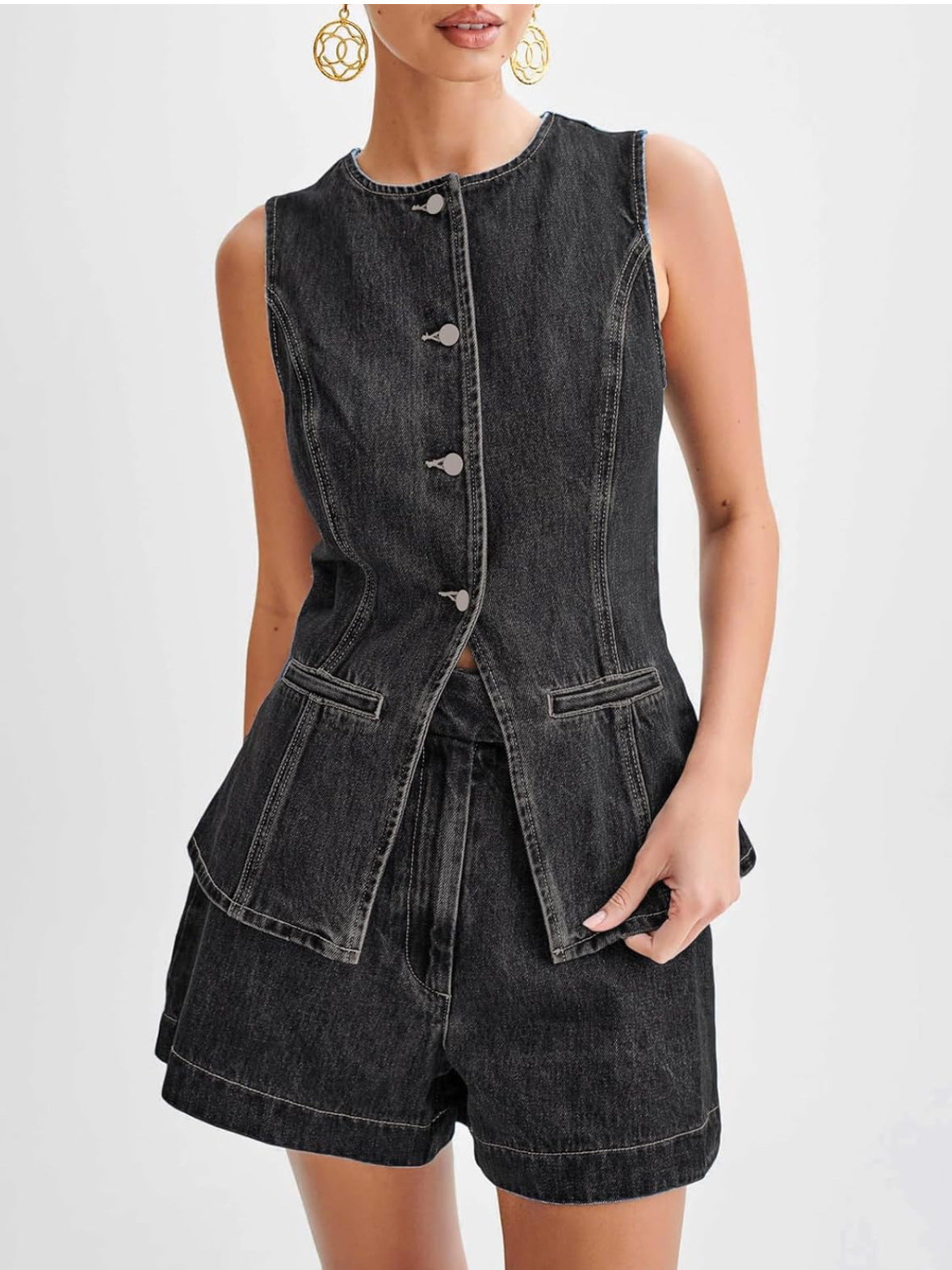 Women's Sleeveless High Waist Denim Shorts Suit