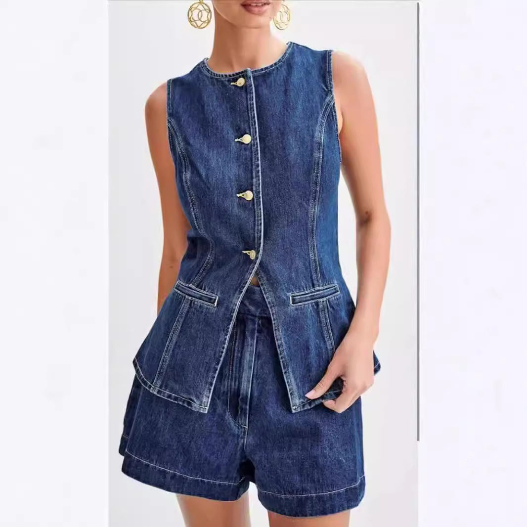 Women's Sleeveless High Waist Denim Shorts Suit