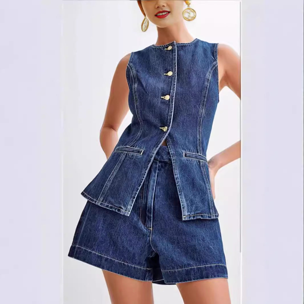 Women's Sleeveless High Waist Denim Shorts Suit