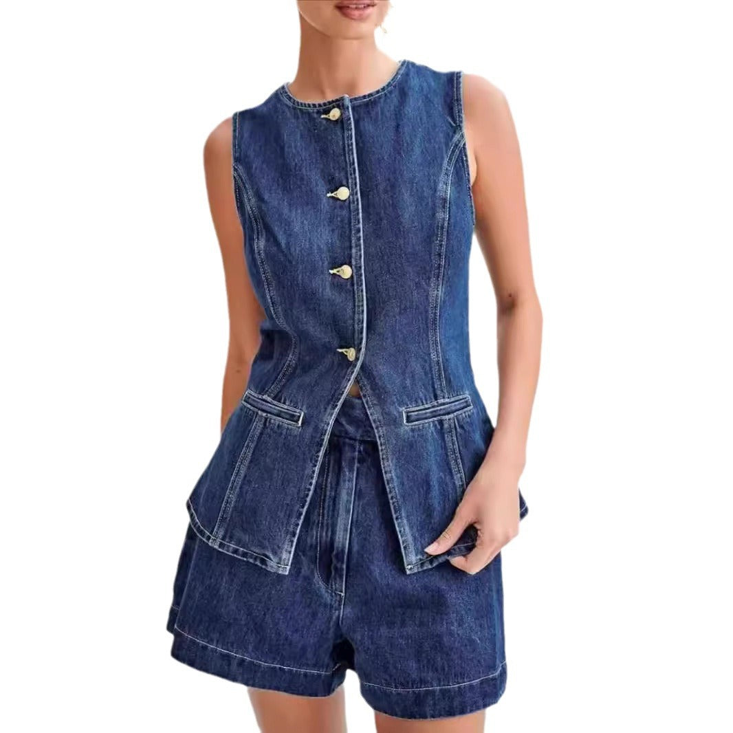 Women's Sleeveless High Waist Denim Shorts Suit