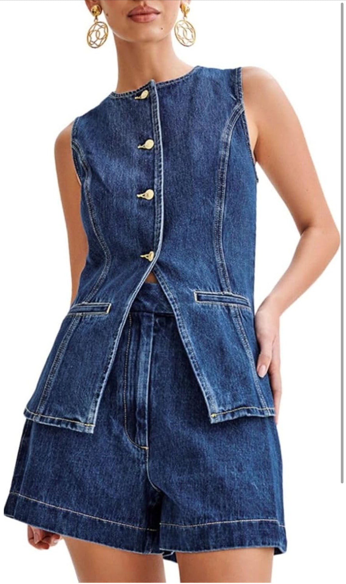 Women's Sleeveless High Waist Denim Shorts Suit
