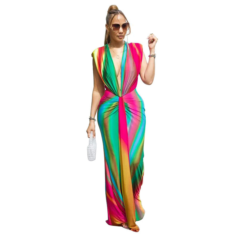 Women's Sleeveless Printed Sexy Deep V Slim Dress