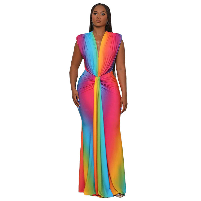 Women's Sleeveless Printed Sexy Deep V Slim Dress