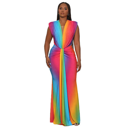 Women's Sleeveless Printed Sexy Deep V Slim Dress