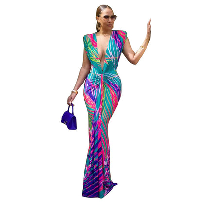 Women's Sleeveless Printed Sexy Deep V Slim Dress