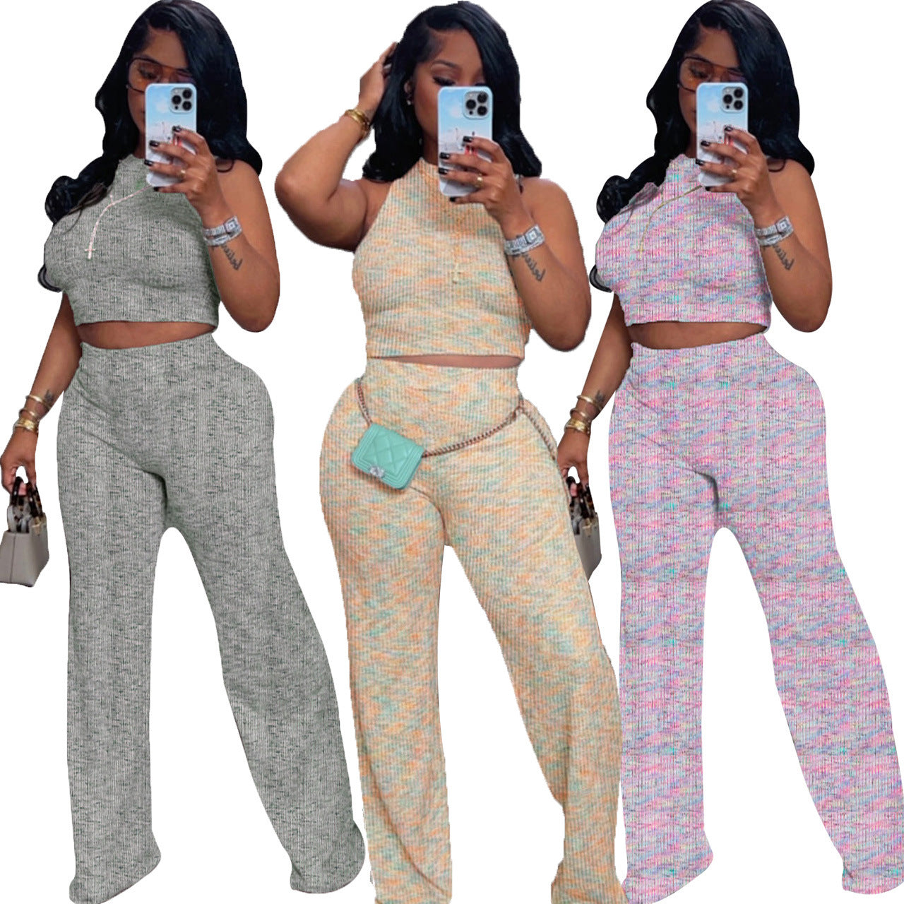 Women's Sleeveless Printed Wide-Leg Pants Two-Piece Set