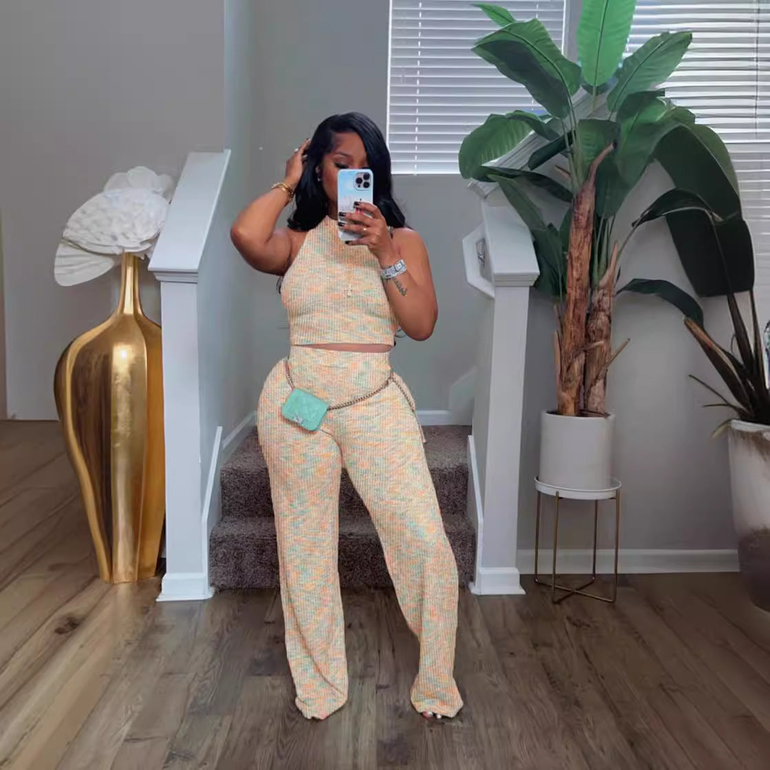 Women's Sleeveless Printed Wide-Leg Pants Two-Piece Set