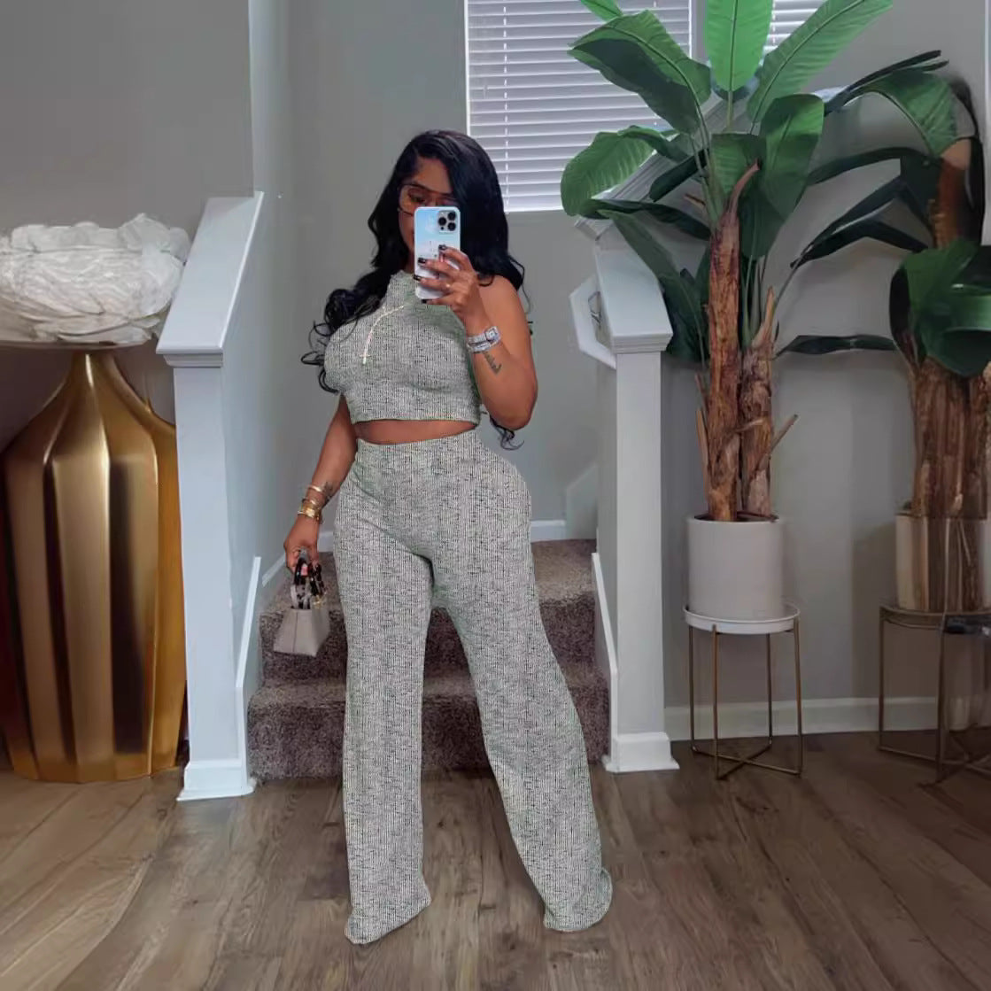 Women's Sleeveless Printed Wide-Leg Pants Two-Piece Set