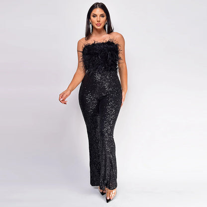 Women's Sleeveless Sequin Feather Jumpsuit