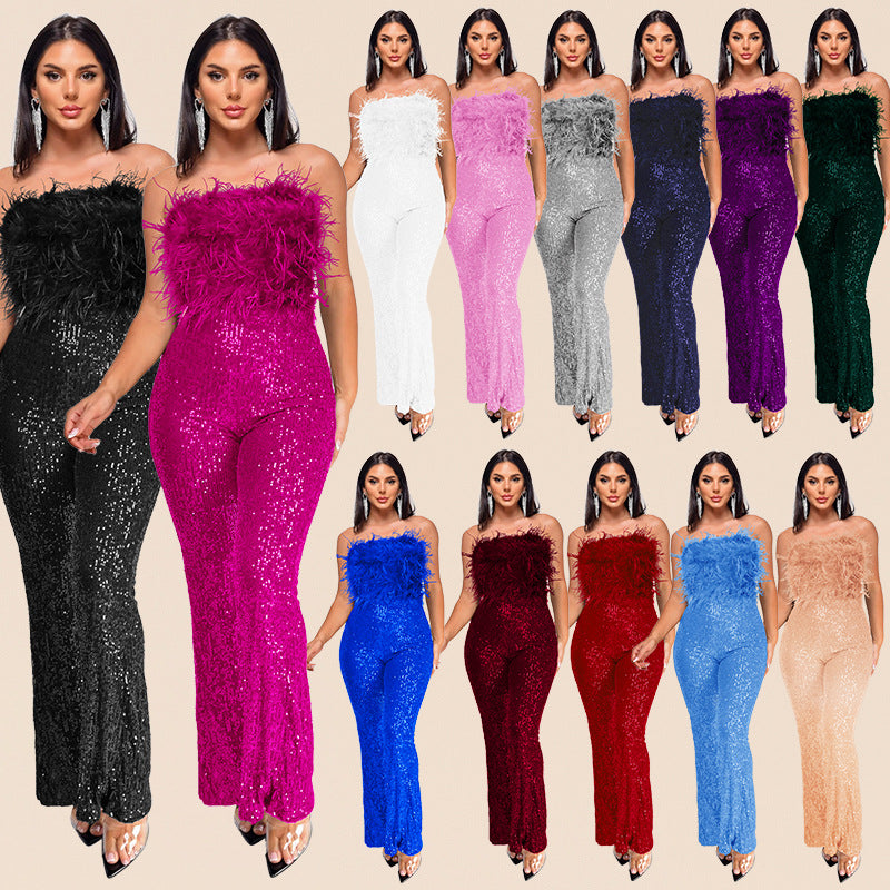 Women's Sleeveless Sequin Feather Jumpsuit