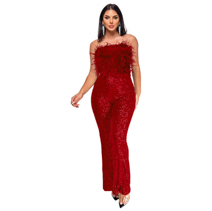 Women's Sleeveless Sequin Feather Jumpsuit