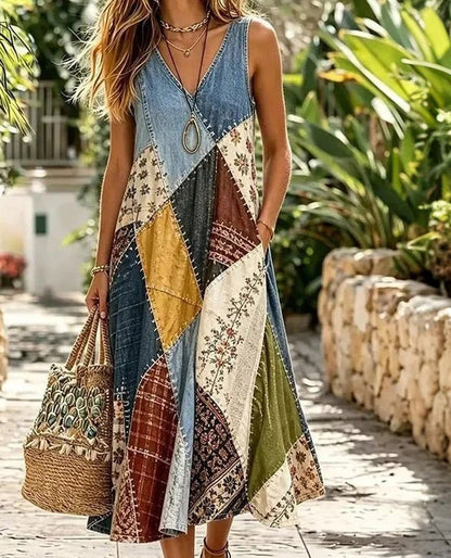 Women's sleeveless V-neck 3D printed dress