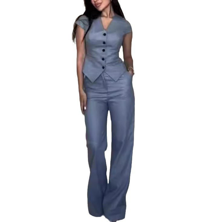 Women's Sleeveless V-Neck Top and Straight Pants