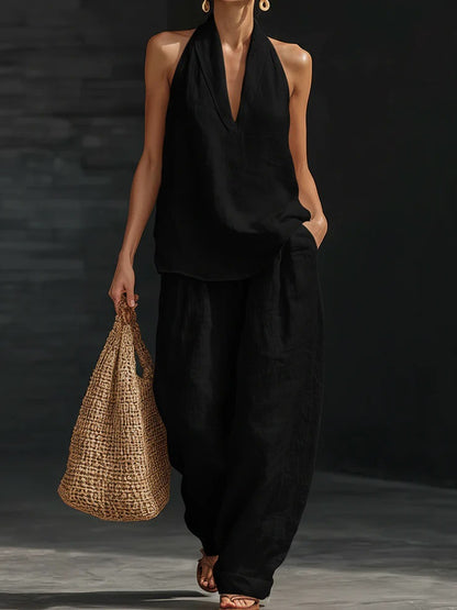 Women's Sleeveless V-Neck Wide Leg Pants Set