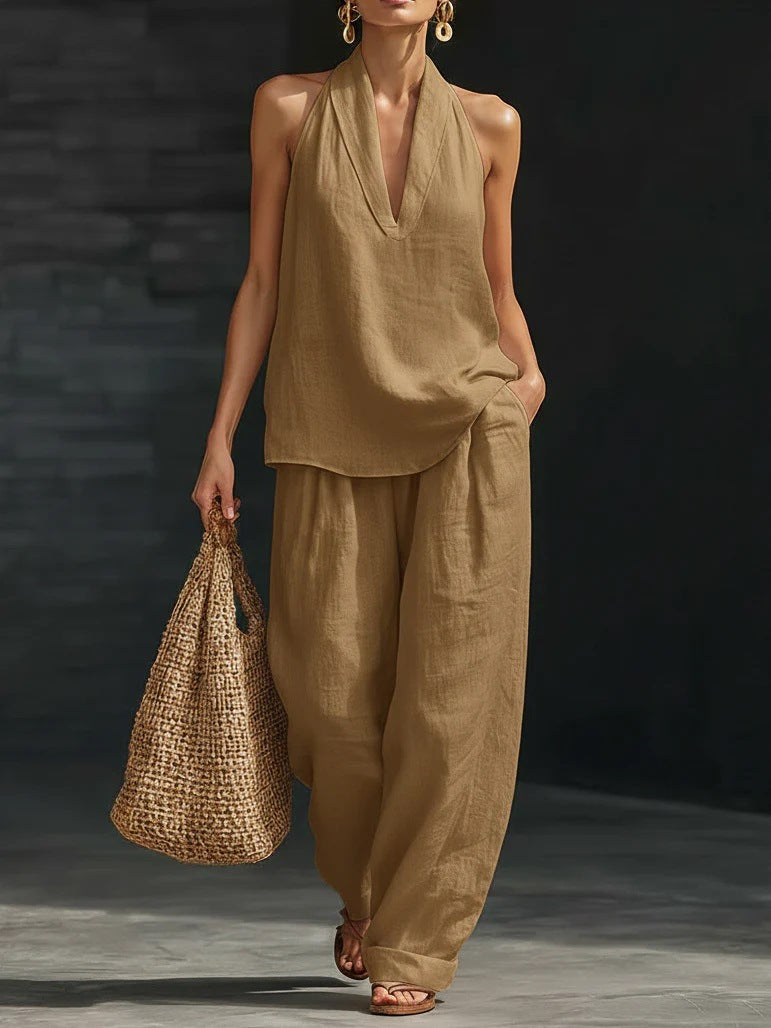 Women's Sleeveless V-Neck Wide Leg Pants Set