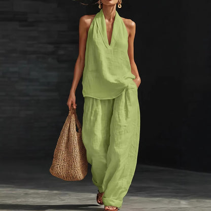 Women's Sleeveless V-Neck Wide Leg Pants Set