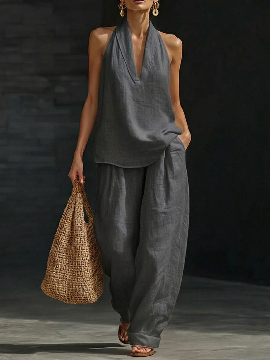 Women's Sleeveless V-Neck Wide Leg Pants Set